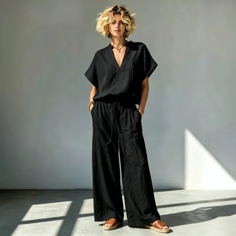 Mujer Casual Algodón Lino Cuello en V Manga Corta Camisa Y Pantalones de Pierna Ancha Conjunto Color Sólido Suelto Traje Dos Piezas Verano Ropa