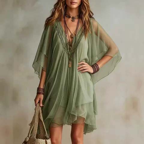 Women's V-Neck Chiffon Dress Summer Beach Vacation Loose Casual Short Batwing Sleeve Elegant A-Line Midi Dress