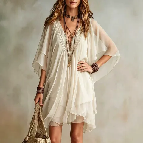 Women's V-Neck Chiffon Dress Summer Beach Vacation Loose Casual Short Batwing Sleeve Elegant A-Line Midi Dress