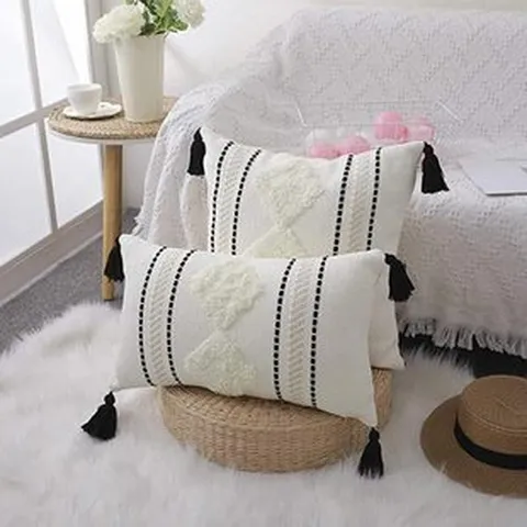 Nordic Minimalist Cotton Woven Tufted Cushion Cover With Tassels Geometric Striped Square Throw Pillow Case For Sofa Home Decor