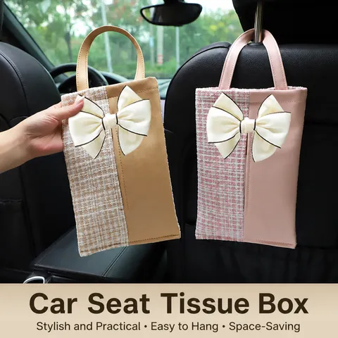 Car Tissue Box Hanging Auto Seat Back Storage Pouch Cute Bowknot PU Leather Polyester Car Interior Decor Accessories