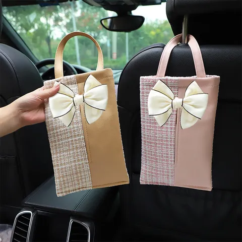 Car Tissue Box Hanging Auto Seat Back Storage Pouch Cute Bowknot PU Leather Polyester Car Interior Decor Accessories