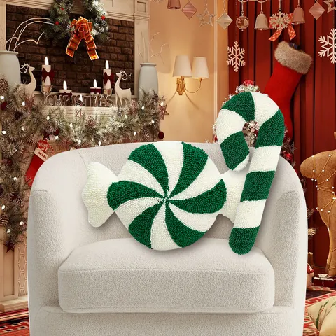 Cuscino Decorativo Natalizio a Forma di Caramella Bastoncino Menta Rotondo per Divano Ricamo a Spugna Decorazione Casa Festiva