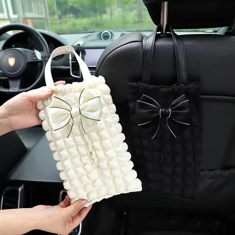 Car Tissue Box Hanging Auto Seat Back Storage Pouch Cute Bowknot PU Leather Polyester Car Interior Decor Accessories