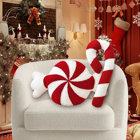 Cuscino Decorativo Natalizio a Forma di Caramella Bastoncino Menta Rotondo per Divano Ricamo a Spugna Decorazione Casa Festiva