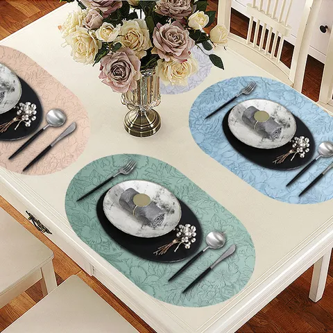 Light Luxury Oval Leather Placemat Heat Insulation Waterproof Table Mat Embossed Floral Dining Table Decor