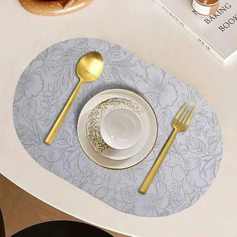 Light Luxury Oval Leather Placemat Heat Insulation Waterproof Table Mat Embossed Floral Dining Table Decor