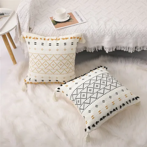 Nordic Bohemian Woven Tassel Throw Pillow Cover Pure Cotton Geometric Lumbar Pillowcase For Sofa Home Decor