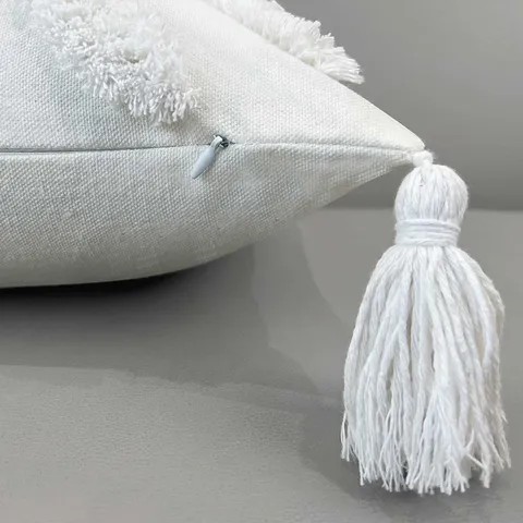 White Tufted Tassel Waist Pillow Cover Cotton Woven Textured Throw Pillow Case For Sofa Bed Living Room Home Decor