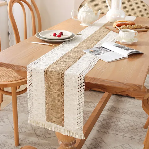 Nordic Minimalist Cotton Linen Table Runner Color Blocked Tassel Long Tablecloth For Dining Room Home Decor