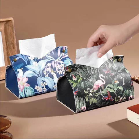 Leather Tissue Box Holder Decorative Facial Tissue Dispenser Floral Print Rectangular Napkin Case For Home Living Room