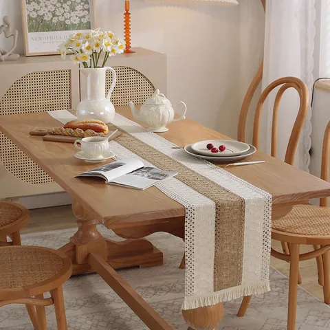 Nordic Minimalist Cotton Linen Table Runner Color Blocked Tassel Long Tablecloth For Dining Room Home Decor