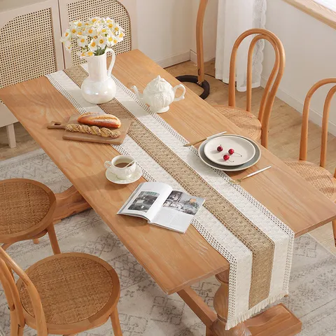 Nordic Minimalist Cotton Linen Table Runner Spliced Stripe Tassel Long Tablecloth American Light Luxury Dining Decor