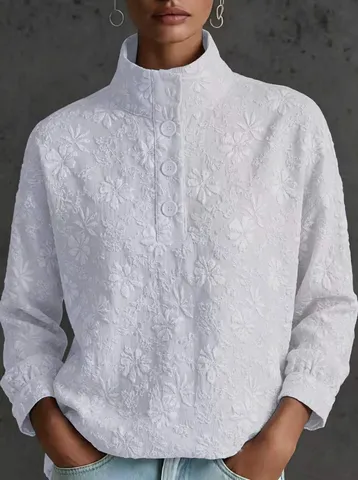Women Casual Long Sleeve Stand Collar Half Placket Pullover Top Drop Shoulder Polyester Floral Versatile Fashion Blouse