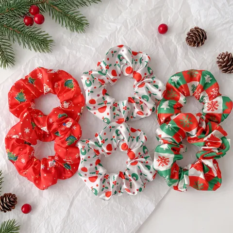 Christmas Elastic Scrunchies Satin Polyester Printed Hair Ties Festive Red New Year Theme Party Hair Ornament Gifts For Women