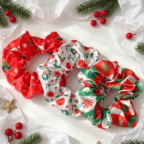 Christmas Elastic Scrunchies Satin Polyester Printed Hair Ties Festive Red New Year Theme Party Hair Ornament Gifts For Women