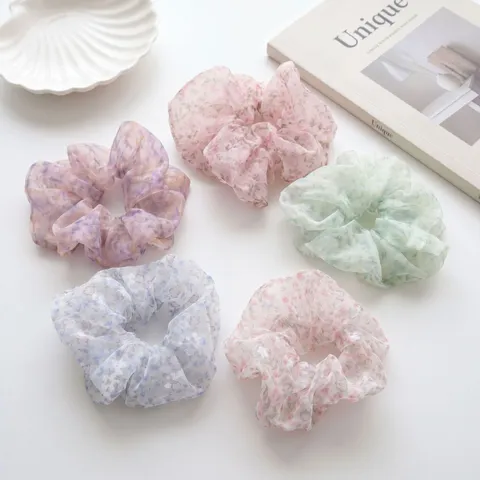 Sweet Korean Floral Print Fabric Scrunchie For Women Girls Elegant Thin Yarn Elastic Hair Tie Ponytail Holder Accessory