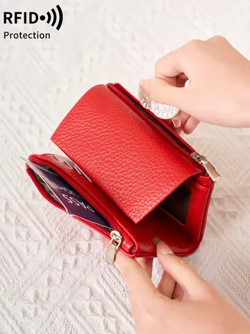 Damen RFID-Schutz Dreifach Gefaltete Kurze Brieftasche Lychee-Maserung PU-Leder Patchwork Portemonnaie Multi-Kartenfächer Reißverschluss Münzfach