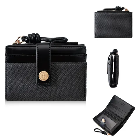 Portafoglio Corto da Donna in Pelle PU Bifold Blocco di Colore Portamonete con Cerniera Slot per Schede Multiple Pochette con Cinturino da Polso