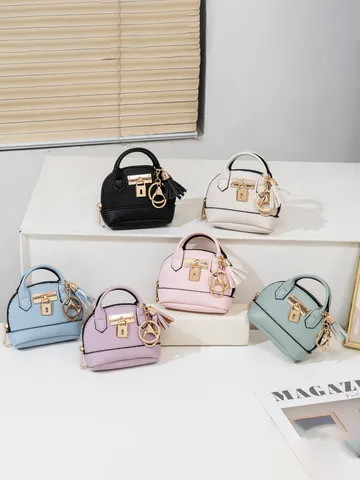 Mini Muschelform Tasche Schlüsselanhänger PU Leder Tragbare Kopfhörer Lippenstift Aufbewahrung Taschenanhänger Mit Metalschloss Quasten Dekoration Süß Münztasche Anhänger