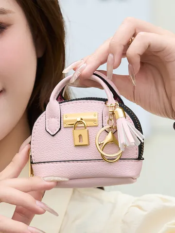 Mini Muschelform Tasche Schlüsselanhänger PU Leder Tragbare Kopfhörer Lippenstift Aufbewahrung Taschenanhänger Mit Metalschloss Quasten Dekoration Süß Münztasche Anhänger