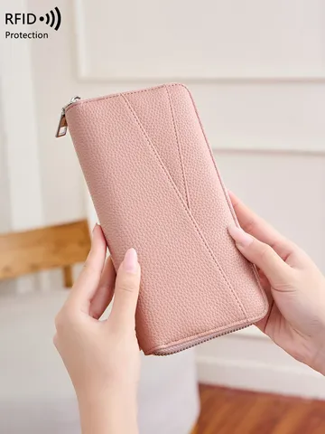 RFID Schutz Damen Brieftasche Lychee Muster PU Leder Lange Geldbörse Große Kapazität Clutch Kartenfächer Reißverschluss