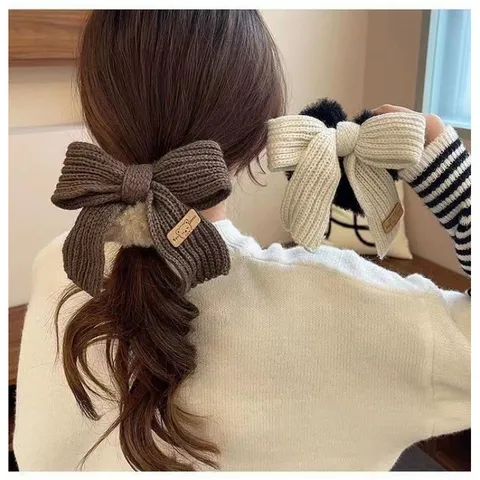 Chouchou À Nœud En Tricot De Laine Style Coréen Pour Femmes Mignon Nœud En Peluche Élastique À Cheveux Grand Support De Queue De Cheval Accessoires Pour Cheveux