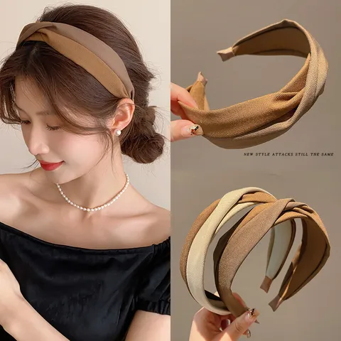 Vintage Minimalist Fabric Headband Wide Side Twisted Cross Hairband For Women Casual Daily Face Washing Non Slip Hair Accessories