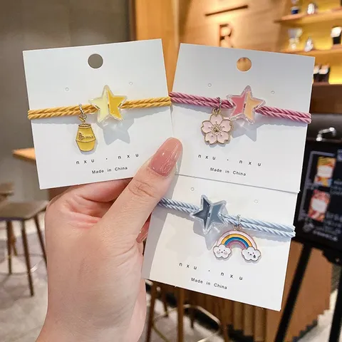 Koreaanse Schattige Ster Haar elastiek Armband Voor Dames Meisjes Vijfpuntige Ster Haartouw Met Regenboog Cactus Sakura Hangers