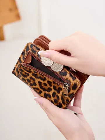 Portafoglio Corto da Donna in Pelle PU con Stampa Animalier Vintage Portacarte Bifold Multifunzionale Pochette a Fisarmonica per Uso Quotidiano
