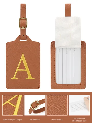 Étiquette de Bagage de Voyage en Cuir PU Avec Lettre Broderie Or Boucle Métal Accessoires de Voyage