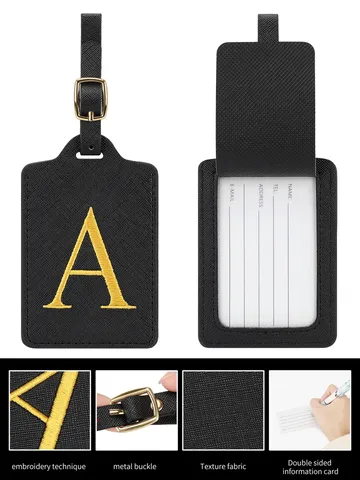 Etichetta per Bagaglio in Pelle PU Etichetta ID con Lettera Ricamo Dorato e Fibbia in Metallo Portatile