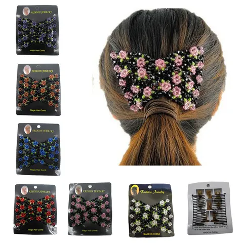Elastic Beaded Rose Magic Hair Comb Double Row Stretchy Hair Styling Tool Women Fashion Hair Insert Comb Decorative Clip