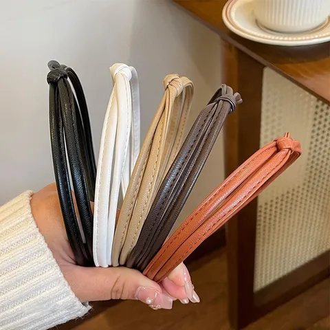 French Style PU Leather Knotted Headband For Women Minimalist Solid Color Hair Band Face Wash Non-slip Hair Accessories