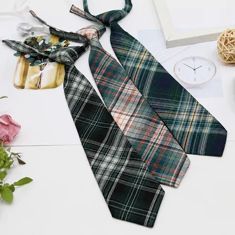 Japanese Preppy Plaid Polyester Necktie Unisex Pre-Tied Short Neck Tie Student Uniform Shirt Accessories Fashion Neckwear