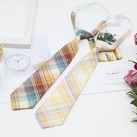 Japanese Preppy Plaid Polyester Necktie Unisex Pre-Tied Short Neck Tie Student Uniform Shirt Accessories Fashion Neckwear