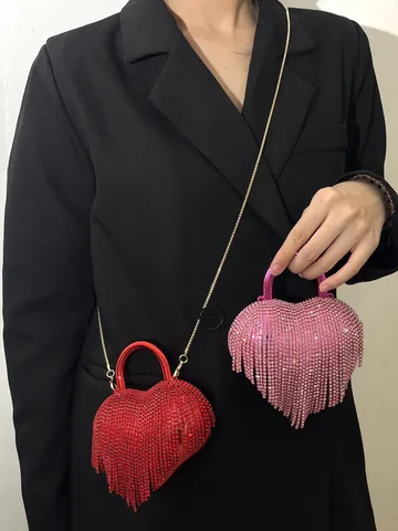 Mode Strass Glands Sac de Soirée Forme de Cœur Acrylique Sac Bandoulière Femme Fête