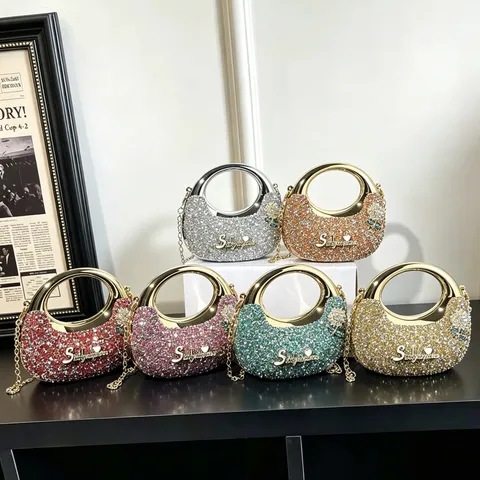 Luxus Strass Abendtasche Damen Glänzend Acryl Achseltasche Metall Ring Griff Kette Schulter Umhängetasche Für Party