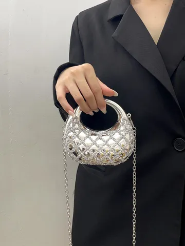 Damen Luxus Strass Halbmond Abendtasche Acryl Gitter Clutch Handtasche Mit Kette Für Hochzeit Party Bankett