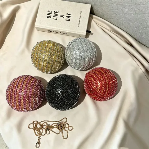 Borsa da Sera a Sfera con Strass da Donna Pochette Rotonda con Catena in Metallo Lussuosa Borsa per Feste Formali