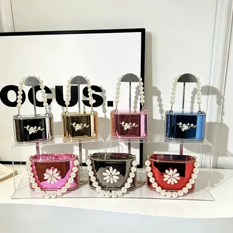 Borsa da Sera in Acrilico Moda Donna Manico in Perla Borsa a Tracolla a Catena Borsa a Scatola Rigida Trasparente