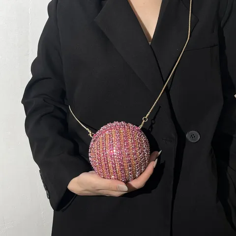 Borsa da Sera a Sfera con Strass da Donna Pochette Rotonda con Catena in Metallo Lussuosa Borsa per Feste Formali
