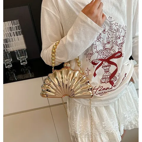 Women Shell Evening Clutch Bag Fashion Glossy Acrylic Metallic Handbag With Beaded Handle And Chain Strap Gold Silver Banquet Party Crossbody Purse