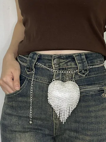 Women Rhinestone Heart Mini Waist Bag Fashion PVC Metal Chain Crossbody Purse
