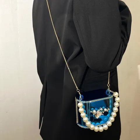 Borsa da Sera in Acrilico Moda Donna Manico in Perla Borsa a Tracolla a Catena Borsa a Scatola Rigida Trasparente