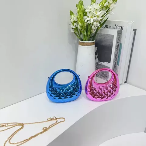 Women Mini Crescent Crossbody Bag Acrylic Quilted Chain Handbag Metallic Top Handle Fashion Shoulder Purse