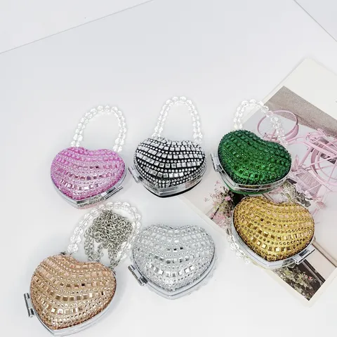 Luxus Strass Besetzt Herzförmig Mini Umhängetasche Für Damen Acryl Metall Box Abend Handtasche Perlengriff Kette Schultertasche
