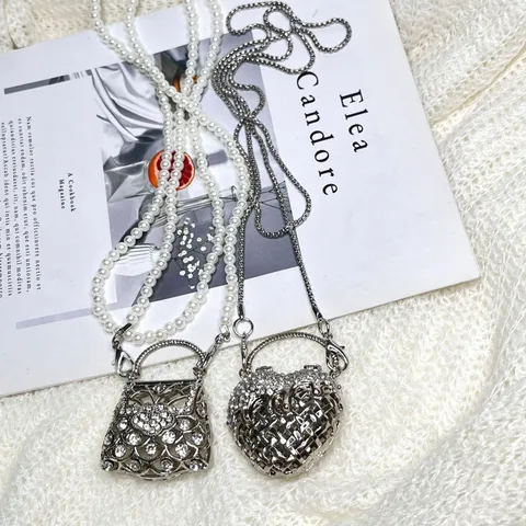 Luxus Damen Mini Strass Umhängetasche Metall Ausgehöhlt Schultertasche Mit Künstlicher Perlenkette Abendtasche Geschenk