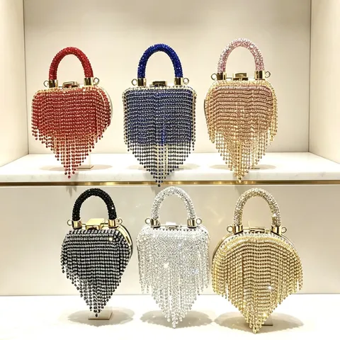 Damen Voll Strass Quaste Abendtasche Mini PVC Eingelegte Strass Clutch Crossbody Kettenhandtasche Für Party Bankett Hochzeit