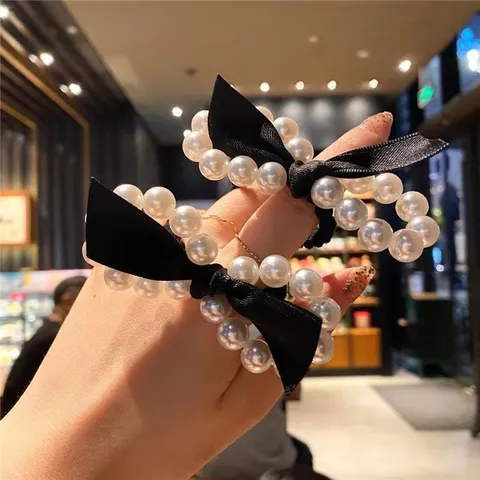 Korean Style Artificial Pearl Bow Hair Tie Elegant Black Satin Ribbon Scrunchie Elastic Ponytail Hair Ring Accessories For Women